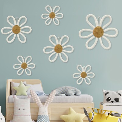 6 Pcs Boho Nursery Daisy Wall Decor, Woven Flowers Wall Hanging Art, Beige Wh...