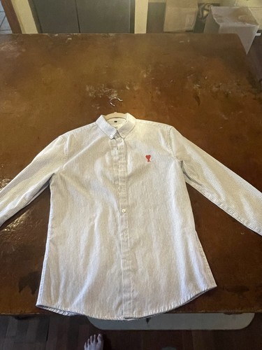 AMI Paris Alexandre Mattiussi Shirt Mens Medium M Blue White Striped Heart Logo