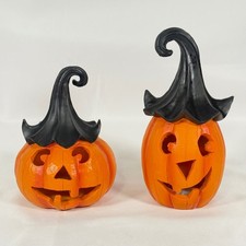 Pumpkin Jack-O-Lantern Set 2pc Orange Black Light Up Witch Hat Decor