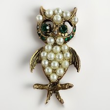 Vintage Horned Owl on Branch Lapel Pin Gold Tone Clear Rhinestone 2”