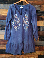 Cupio Blue Floral Embroidered Woven V-Neck Long Sleeve Shift Mini Dress M