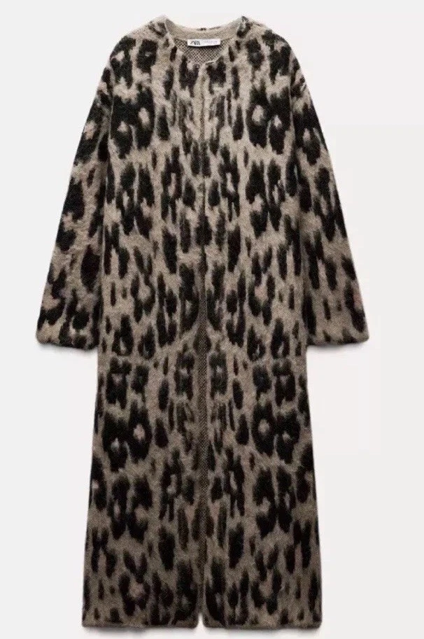 Zara Animal Jacquard Knit Long Coat Leopard Brown Black Size S 2142/183 New - Image 4 of 4