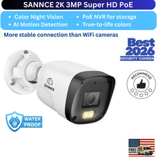 SANNCE 2K 3MP PoE Security Camera Color Night Vision IP67 Human Detection