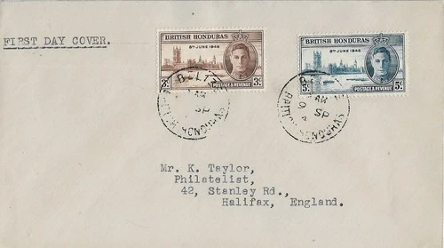 1946 BRITISH HONDURAS VICTORY 0N FINE PLAIN FDC