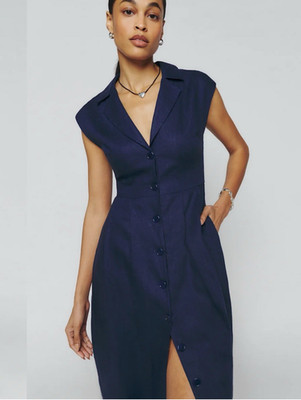 Reformation Zienna A-line Dress  100 % Linen Buttoned Midi Size 2 Navy Blue
