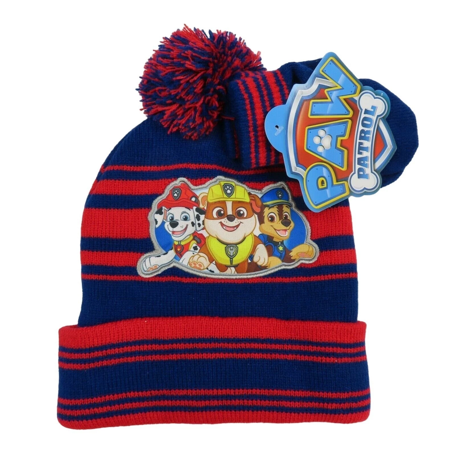 Nickelodeon Paw Patrol Toddler Boys One Size Stripe Pom Pom Hat Mittens Set NEW