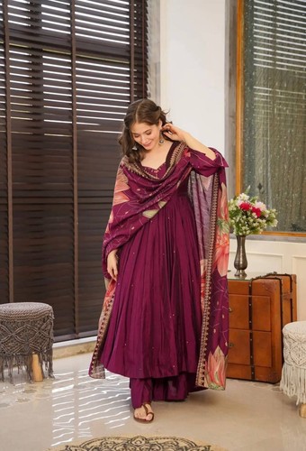 Wine Anarkali Gown 3pc Set Pakistani Gown Wedding wear dress Indian Palazzo set - Picture 6 of 6