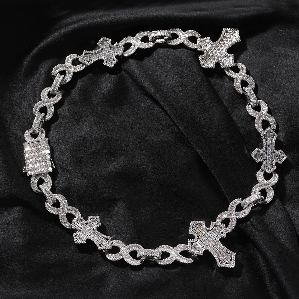 5AAA+ CZ Ice Out Hop Hip Baguette Infinity Cross Cuban Link Chain Necklace 15MM - Image 3 of 4