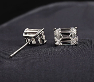 4 Ct White Treated Diamond Emerald Cut Studs Earrings VVS1 Certified Ideal Gift