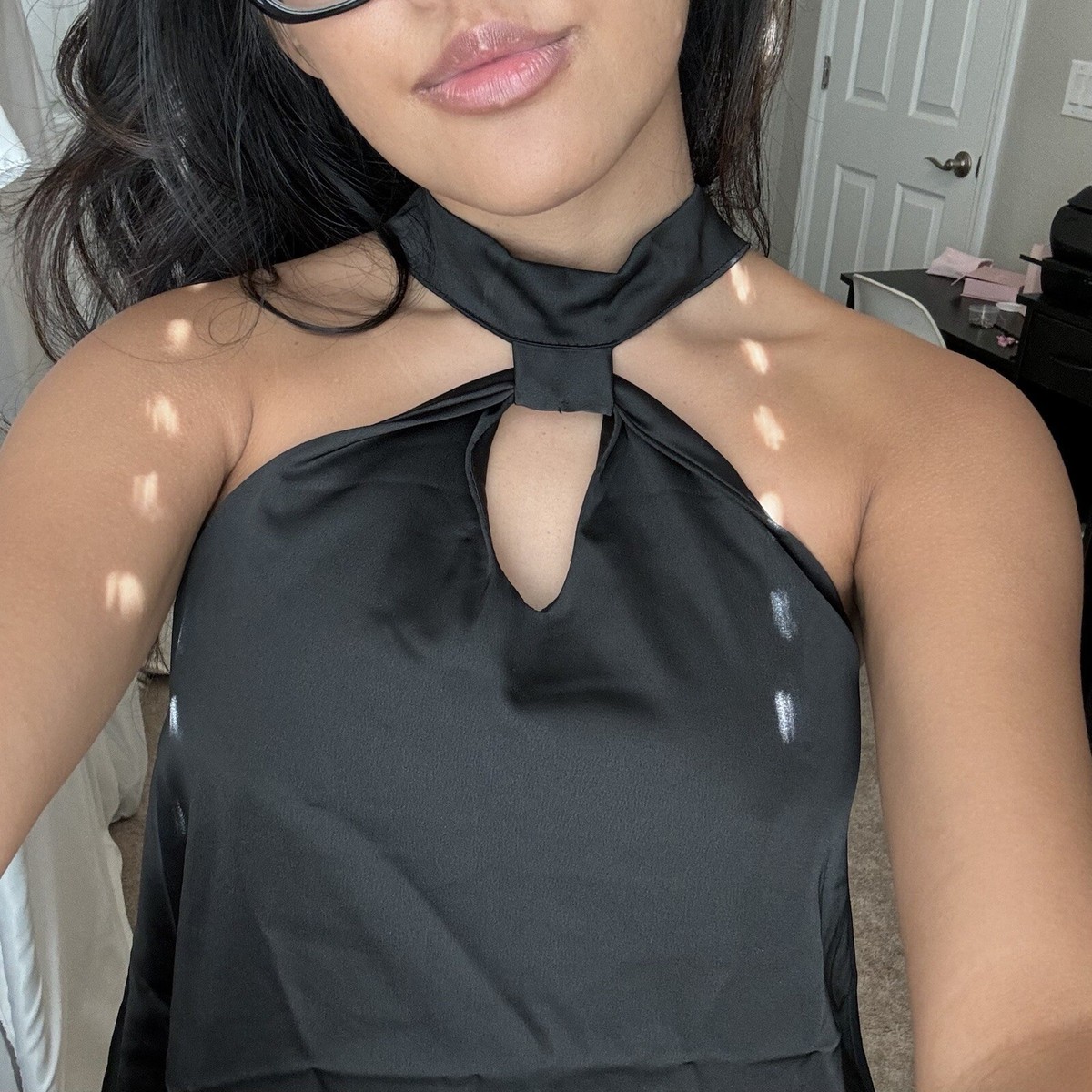 Black Halter Tank Blouse, Key Hole Detail, Pearl Accent, M