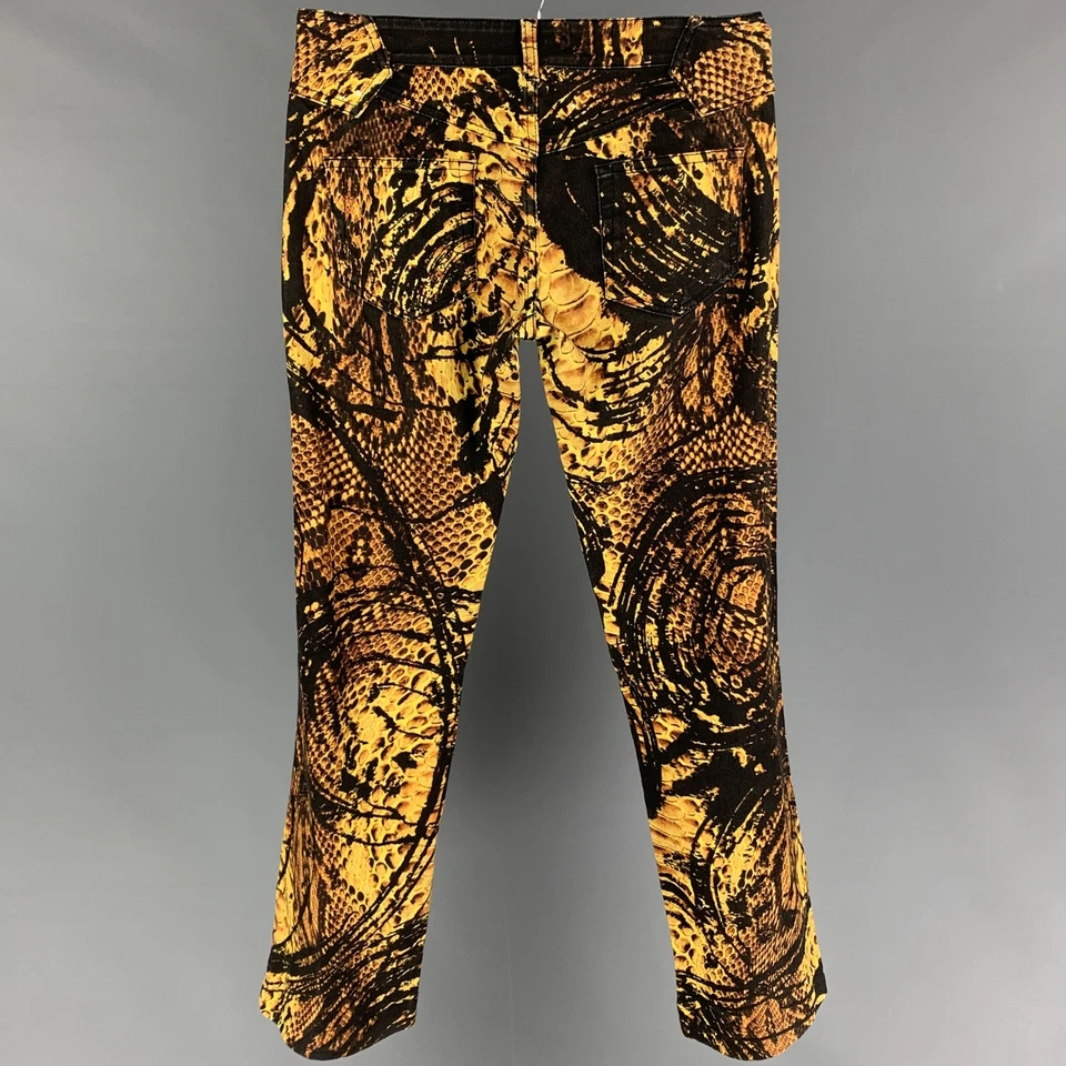 JUST CAVALLI Size 29 Yellow Black Graphic Print Cotton Zip Casual Pants - Image 3 of 4