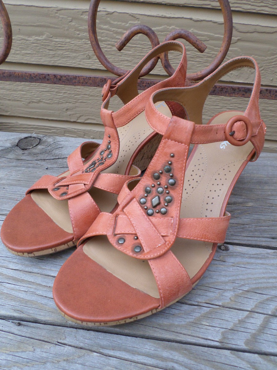 Clarks Burnt Orange Leather Inch Wedge Heel Sandals Women's M