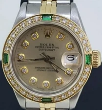 Rolex Ladies Datejust Oyster Gold Stainless Steel Diamond Dial Bezel Emeralds