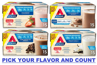 Atkins Shake, Milk Chocolate, Dark Chocolate, Vanilla, Strawberry 11 oz (15 ct.)