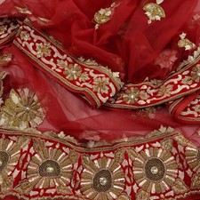 Vintage Heavy Red Dupatta Net Mesh Long Stole Hand Embroidered Scarves Zardozi