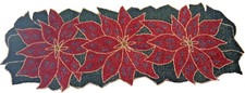 Red Poinsettias Christmas Glass Beaded Table Runner Centerpiece 33" Handmade
