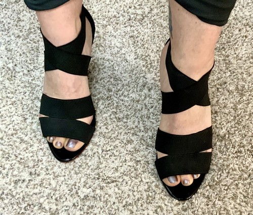 BCBG MAXAZRIA Black Strappy Criss Cross Elastic Stacked Block Heel Size 6.5 - Picture 15 of 16