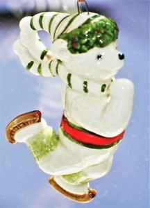 Vintage Ice Skating Polar Bear Porcelain CHRISTMAS Tree Ornament Schmid 1985