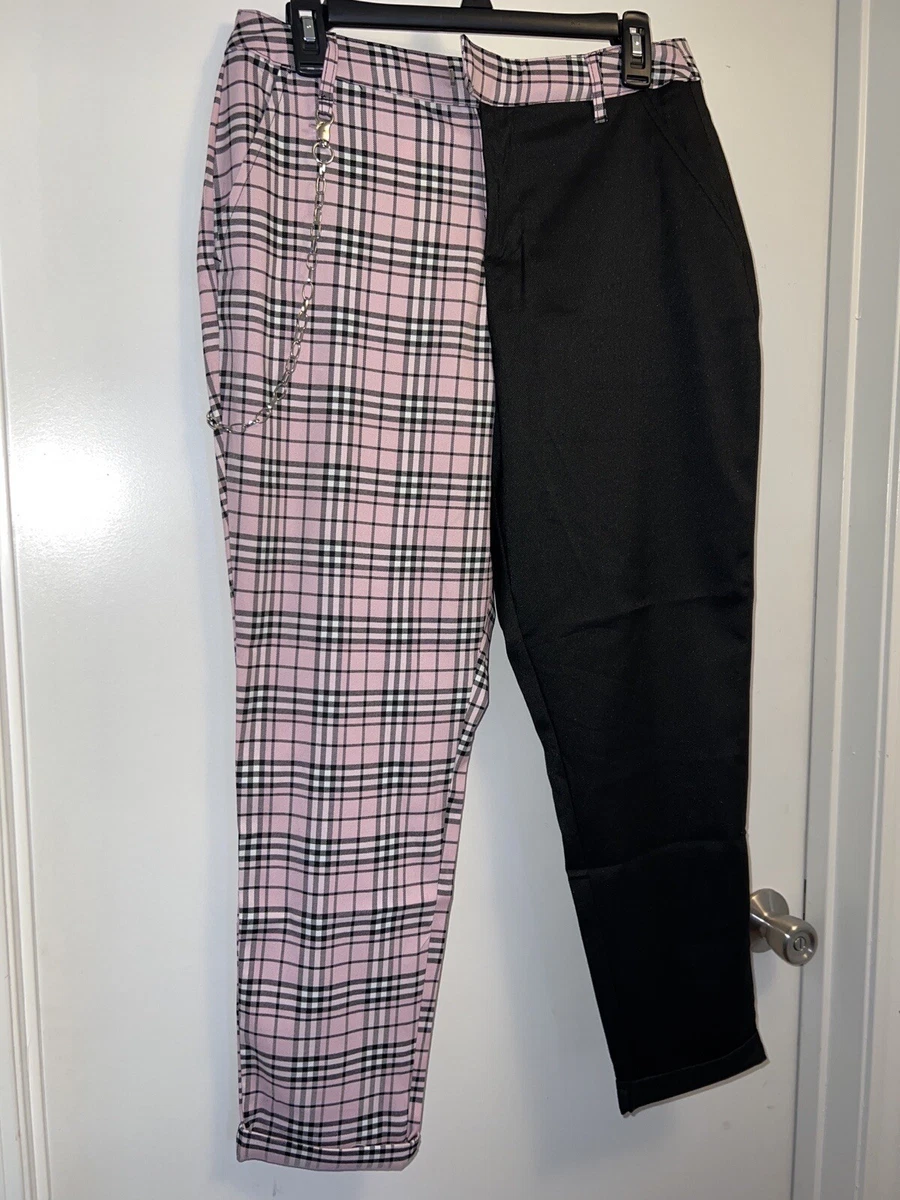 Hot Topic Black & Pink Plaid Split Chain Pants Large NWT