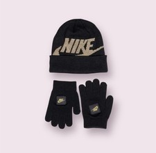 Nike Knit Black with Gold Logo Beanie  Glove Set