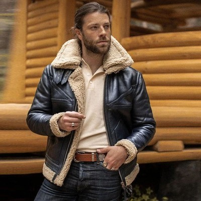 Men B3 Bomber Aviator Jacket Black Genuine Sheepskin Leather Shearling Coat