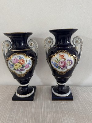 Pair of Meissen Porcelain Cobalt Blue & Floral Amphora Vases