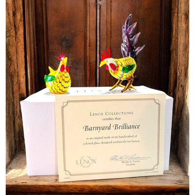 Lenox Art Glass Rooster & Hen Figurines Barnyard Brilliance Mini NIB w COA