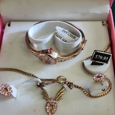 Gold Tone Pink Accent Jewelry Set Necklace Bracelet Ring Watch