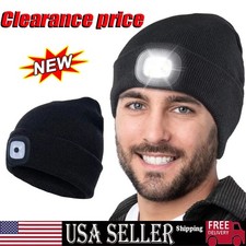 Unisex Warm Winter Knit Beanie Hat with LED Light USB Rechargeable Headlamp Cap