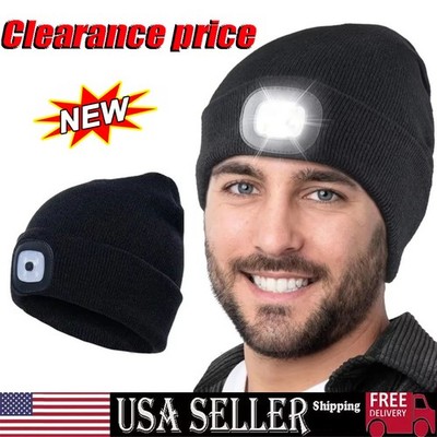 Unisex Warm Winter Knit Beanie Hat with LED Light USB Rechargeable Headlamp Cap