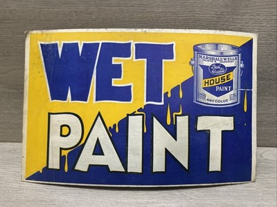 HTF Marshall-Wells Wet Paint Advertising Board Sign 11x7 Rare W/ Bucket