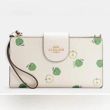 Coach Apple Print Tech Wallet Wristlet White Green Mulipocket Designer Gold