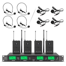 Wireless Microphone System Pro UHF 4 Channel 4 Lavalier Bodypacks 4 Lapel Mic...