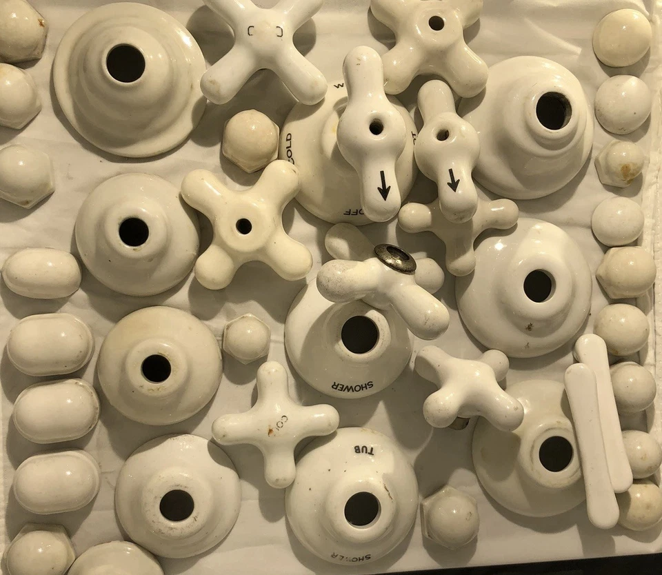 Lot of 30+ Vintage Porcelain Handles Escutcheons HOT COLD TUB SHOWER 1920s-50s - Image 4 of 4