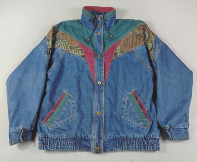 Vintage Current Seen Jacket Mens Medium Blue Denim Teacher Colorblock Bomber 90s