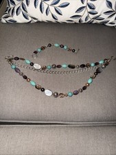 Turquoise and Purple and Silver Beaded Necklace And Bracelet Set