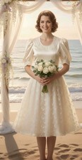 Vintage 80s Short Sleeve Midi Dress Off White Floral Lace Wedding Bridesmaid