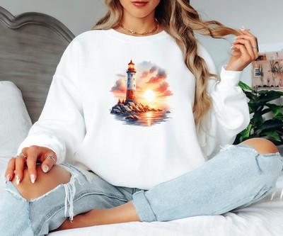 Coastal Lighthouse Sunset Aquarell Kunst Damen Sweatshirt Leuchttürme