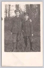 Postcard RPPC Two Boys with Military Hats WWI Era