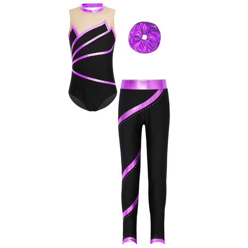 Kids Girls Dancewear Figure Set Sleeveless Outfits Striped Costume Leotard Yoga - Picture 28 of 41