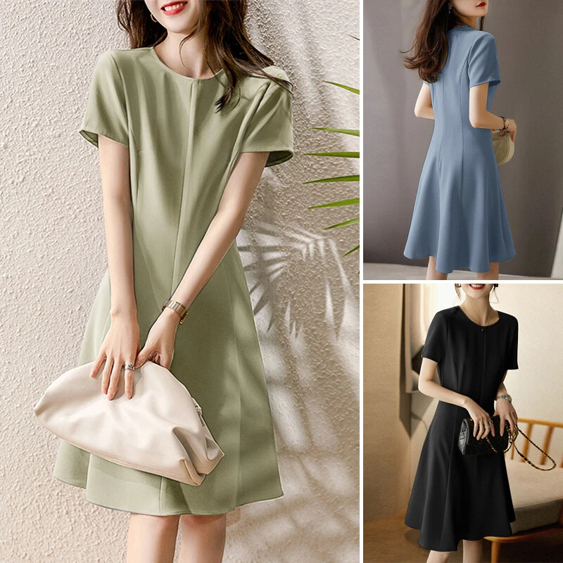 UK Women Short Sleeve Midi Dress Skater Formal Office Ladies Flare Swing Dresses