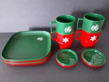 GUC VTG Tupperware Christmas Plates Cups Mugs Saucers Red Snowflake Green Dove