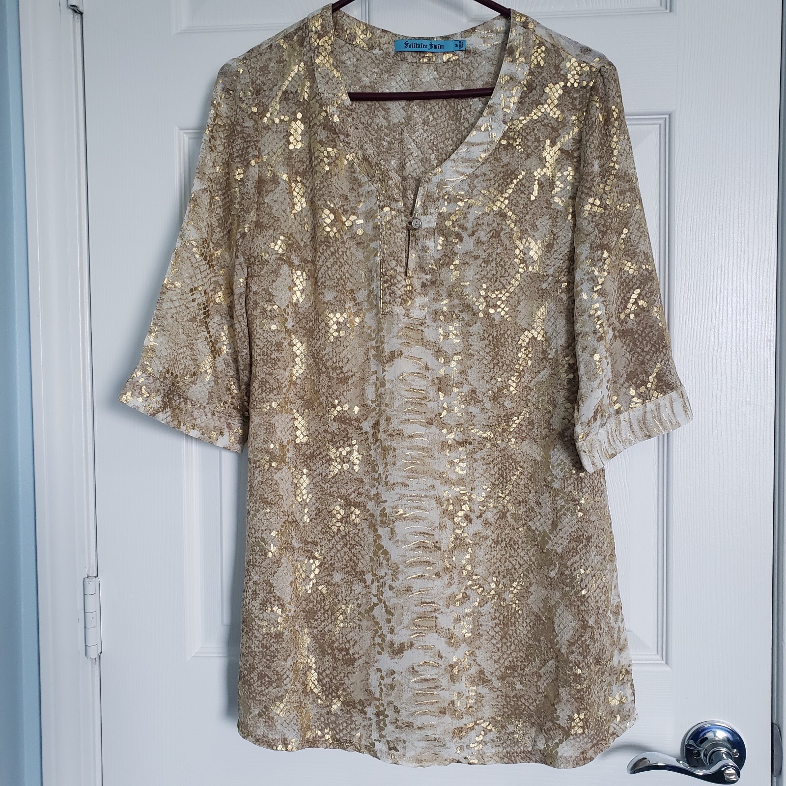SOLITAIRE SWIM Bathing Suit Coverup Womens M Gold Snakeskin Resort Beach Pool