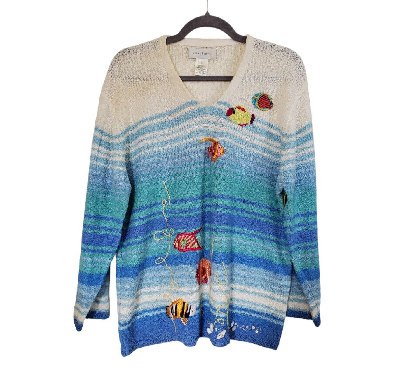 Susan Bristol Fish Beaded Hand Embroidered Shells Colorful V-Neck Sweater, Large