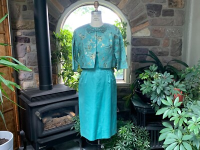 Vintage 1950s Turquoise Silk Satin Dress Turquoise Metallic Gold Brocade  Jacket