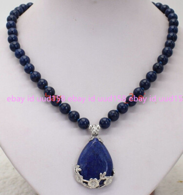Natural Blue Lapis Lazuli Drop Pendant 8MM Gemstone Round Beads Necklace 18'' AAA