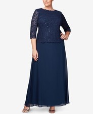 New Alex Evenings 412318 Sequin Lace Chiffon 3/4 Sleeve Long Dress Size 22W