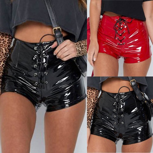 Women Wet Look PVC Shorts High Waist 