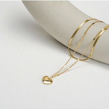 Woman Gold Plated Stainless Steel Heart Charm 2 Layer Snake Chain Necklace