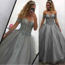 Gray Quinceanera Dresses Ball Gown Off Shoulder Crystal Beading Tulle Sweet 16